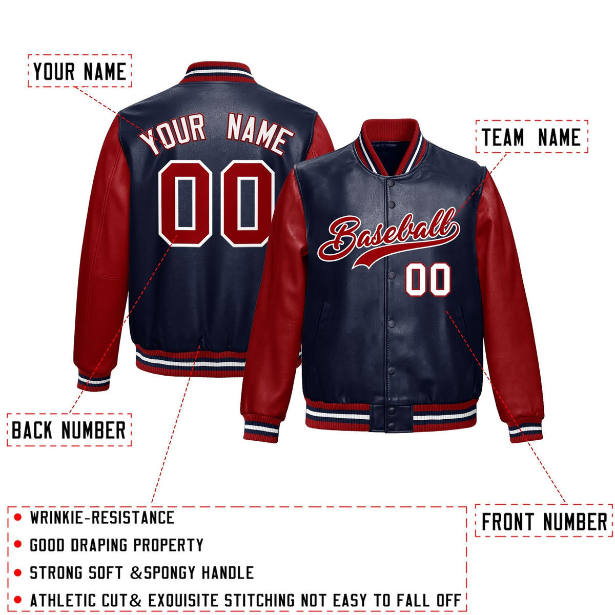 Custom Navy Red Raglan Sleeves Full-Snap Varsity Faux Leather Letterman Jacket| KXKSHOP