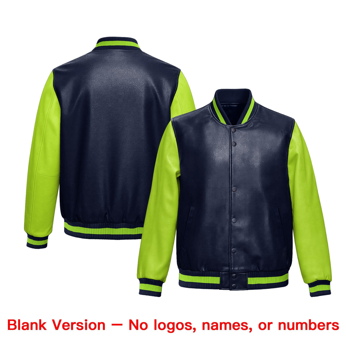 Custom Navy Neon Green Raglan Sleeves Full-Snap Varsity Faux Leather Letterman Jacket| KXKSHOP