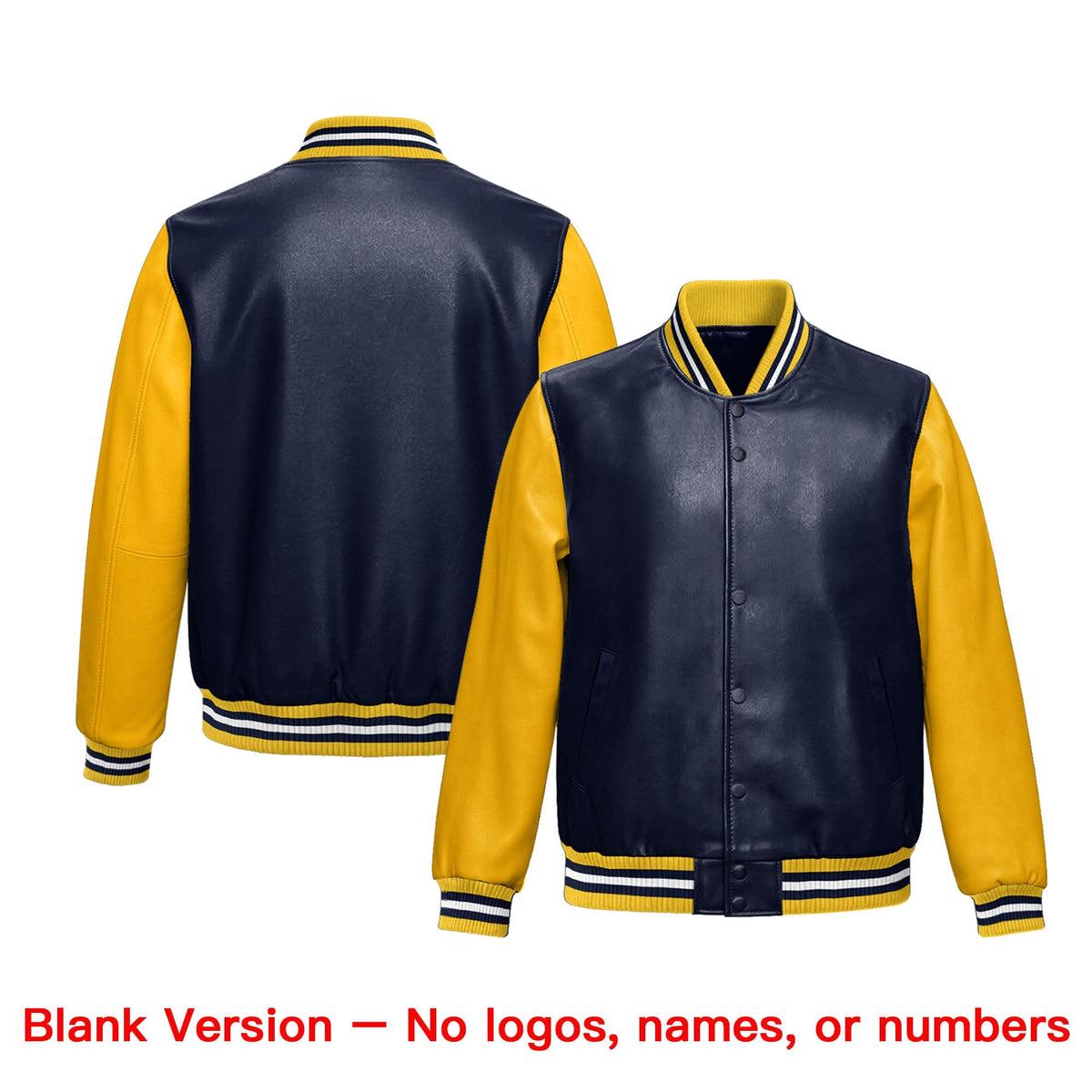 Custom Navy Yellow White Raglan Sleeves Full-Snap Varsity Faux Leather Letterman Jacket| KXKSHOP