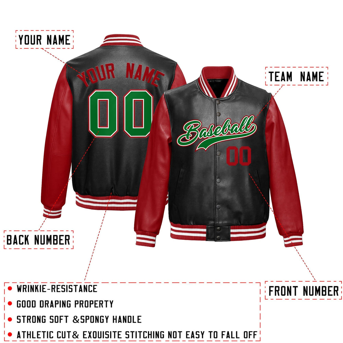 Custom Black Red Kelly Green Raglan Sleeves Full-Snap Varsity Faux Leather Letterman Jacket| KXKSHOP