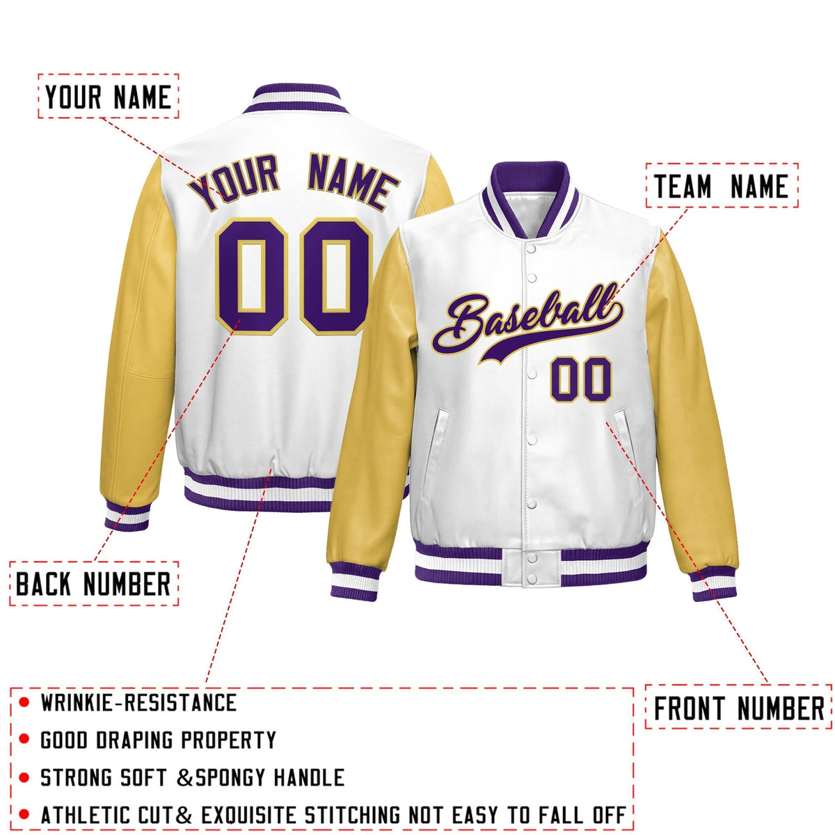 Custom White Khaki Raglan Sleeves Full-Snap Varsity Faux Leather Letterman Jacket| KXKSHOP