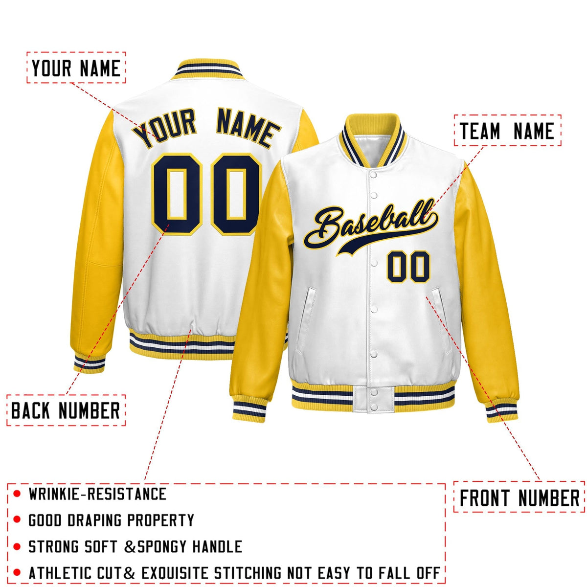 Custom White Yellow Navy Raglan Sleeves Full-Snap Varsity Faux Leather Letterman Jacket| KXKSHOP