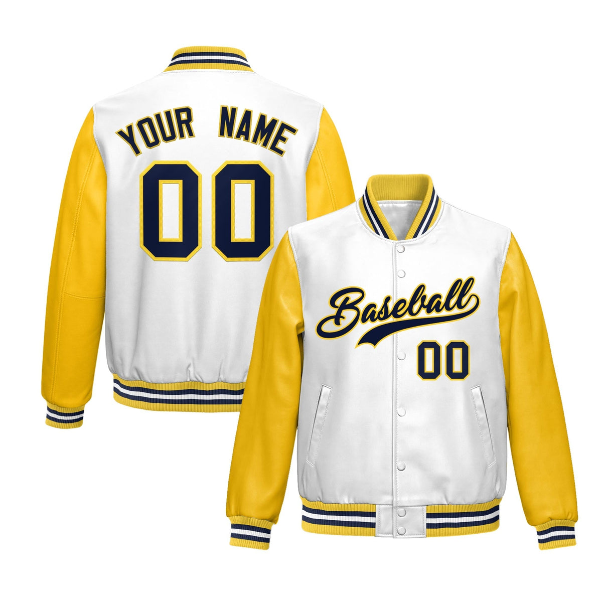 Custom White Yellow Navy Raglan Sleeves Full-Snap Varsity Faux Leather Letterman Jacket| KXKSHOP
