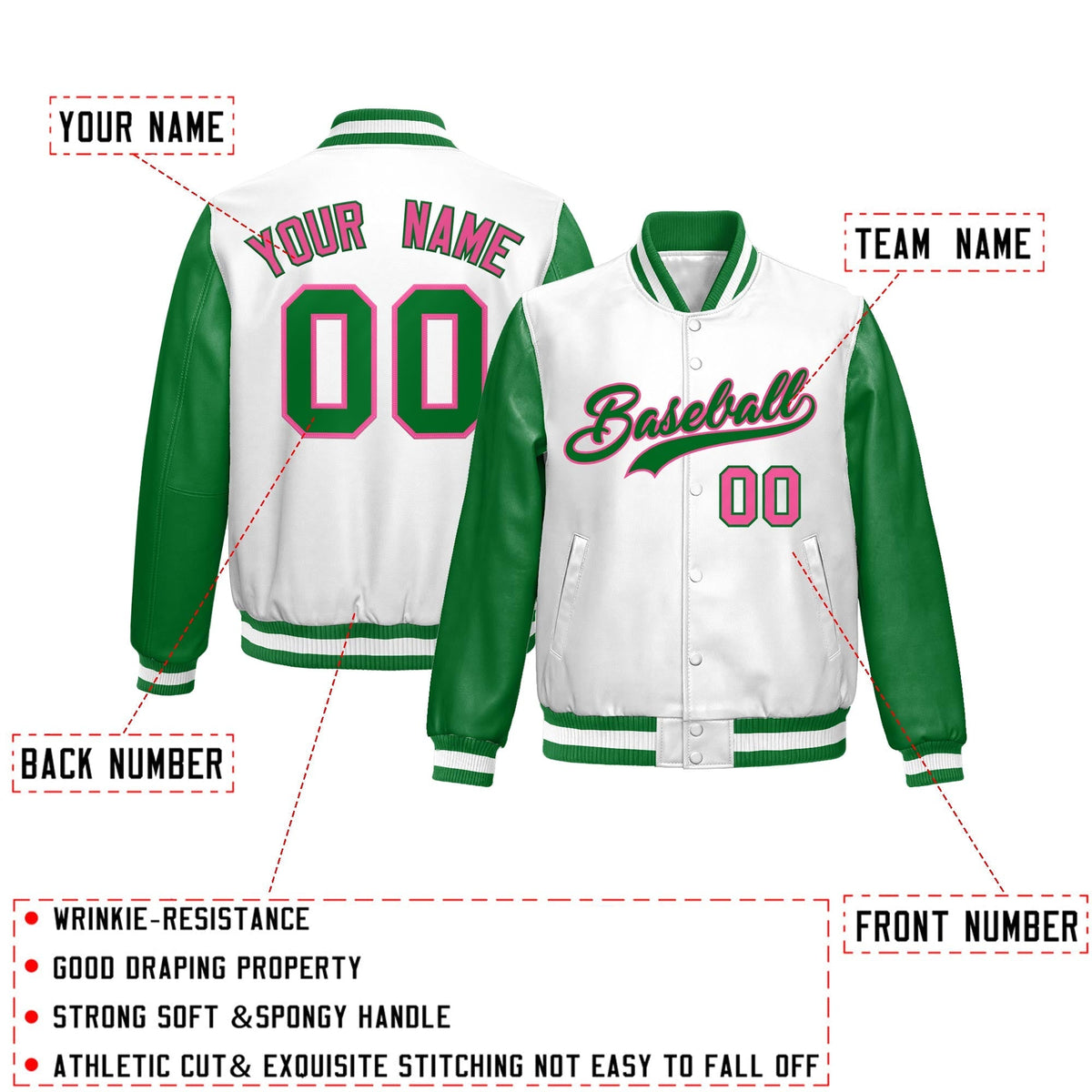 Custom Kelly Green White Raglan Sleeves Full-Snap Varsity Faux Leather Letterman Jacket| KXKSHOP