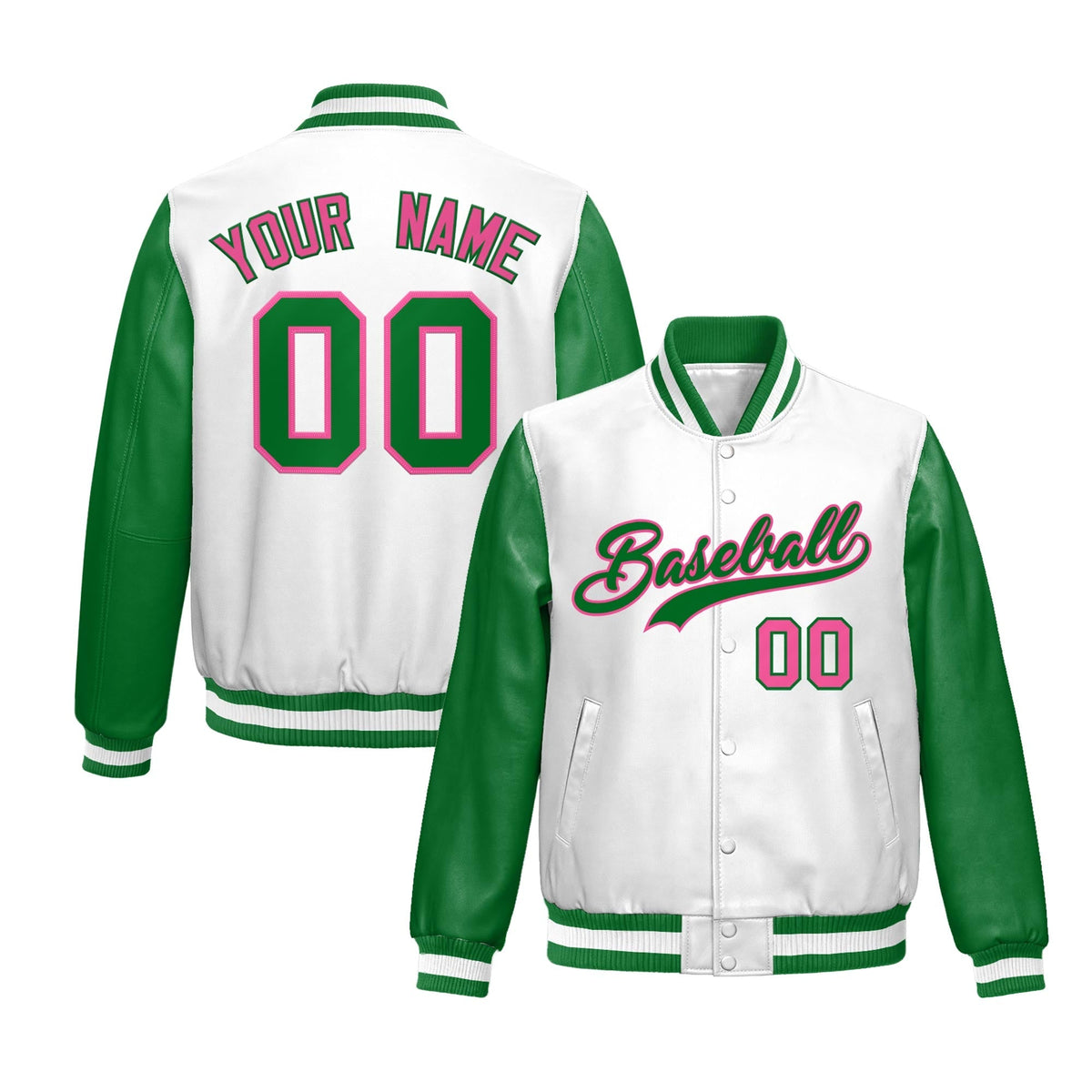 Custom Kelly Green White Raglan Sleeves Full-Snap Varsity Faux Leather Letterman Jacket| KXKSHOP