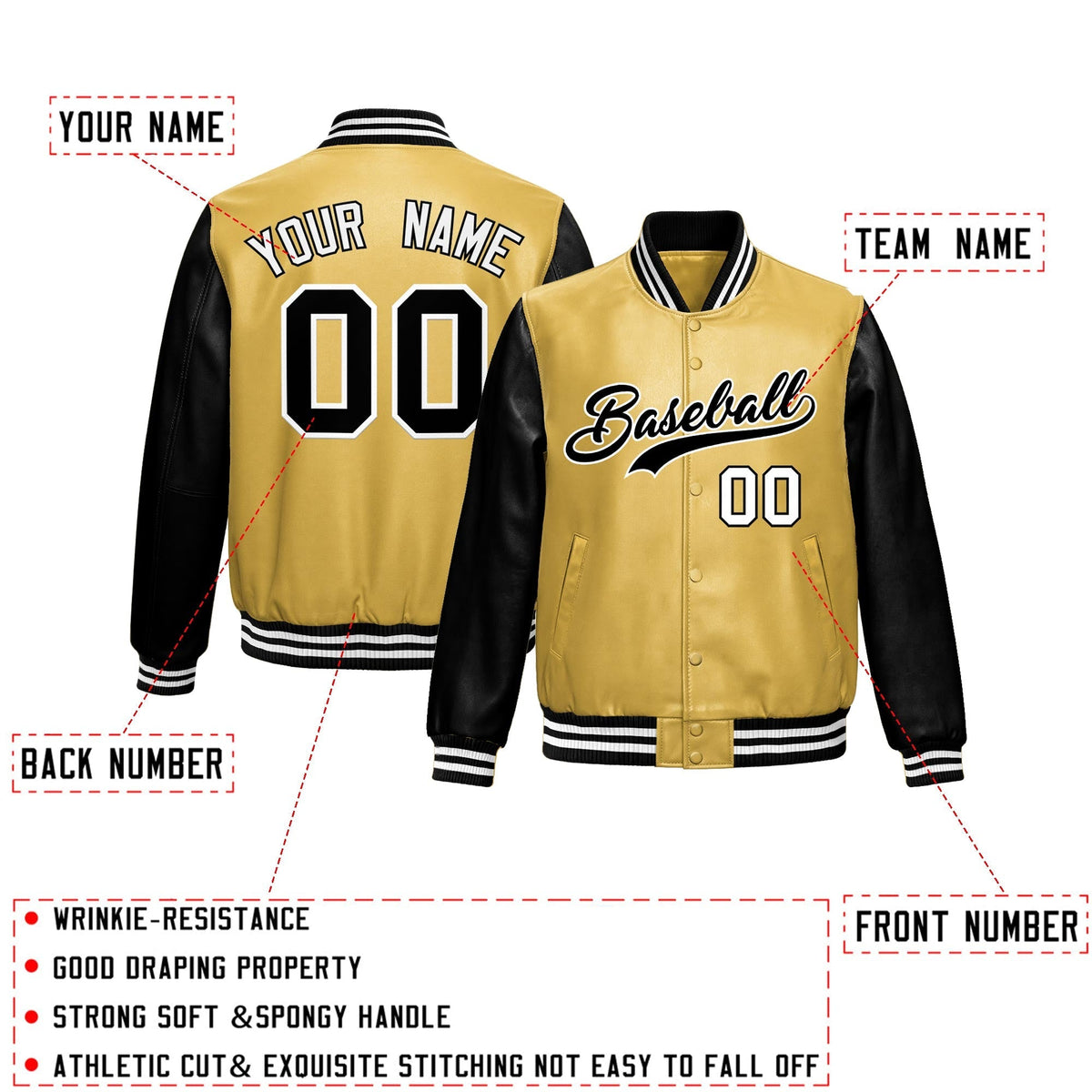 Custom Khaki Black Raglan Sleeves Full-Snap Varsity Faux Leather Letterman Jacket| KXKSHOP