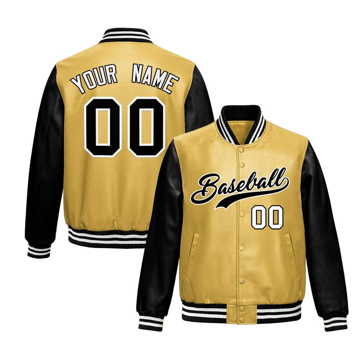 Custom Khaki Black Raglan Sleeves Full-Snap Varsity Faux Leather Letterman Jacket| KXKSHOP