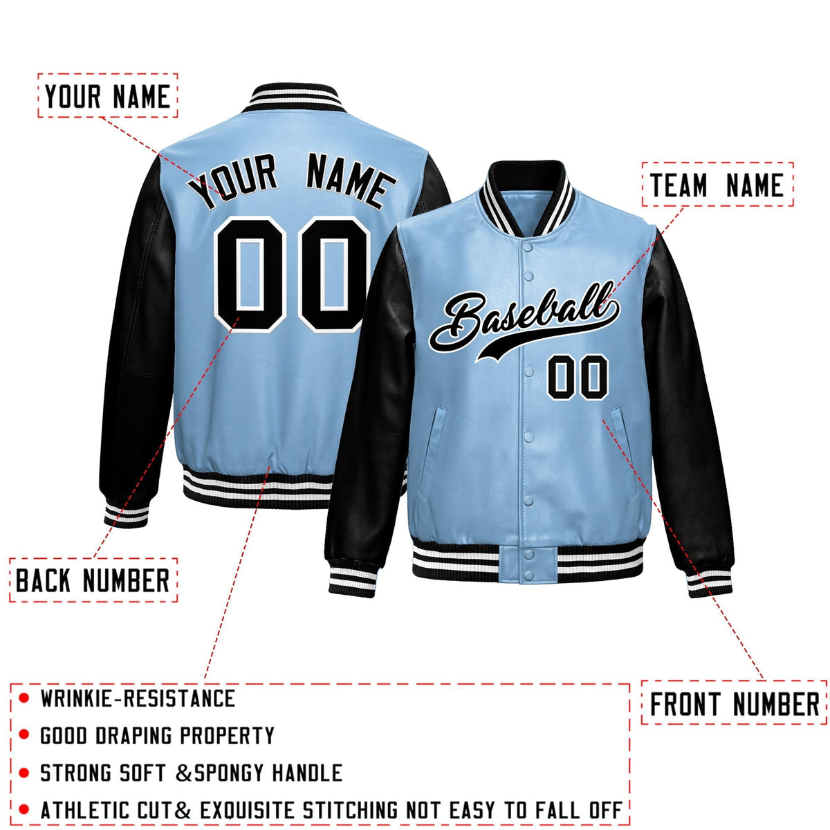 Custom Powder Blue Black Raglan Sleeves Full-Snap Varsity Faux Leather Letterman Jacket| KXKSHOP
