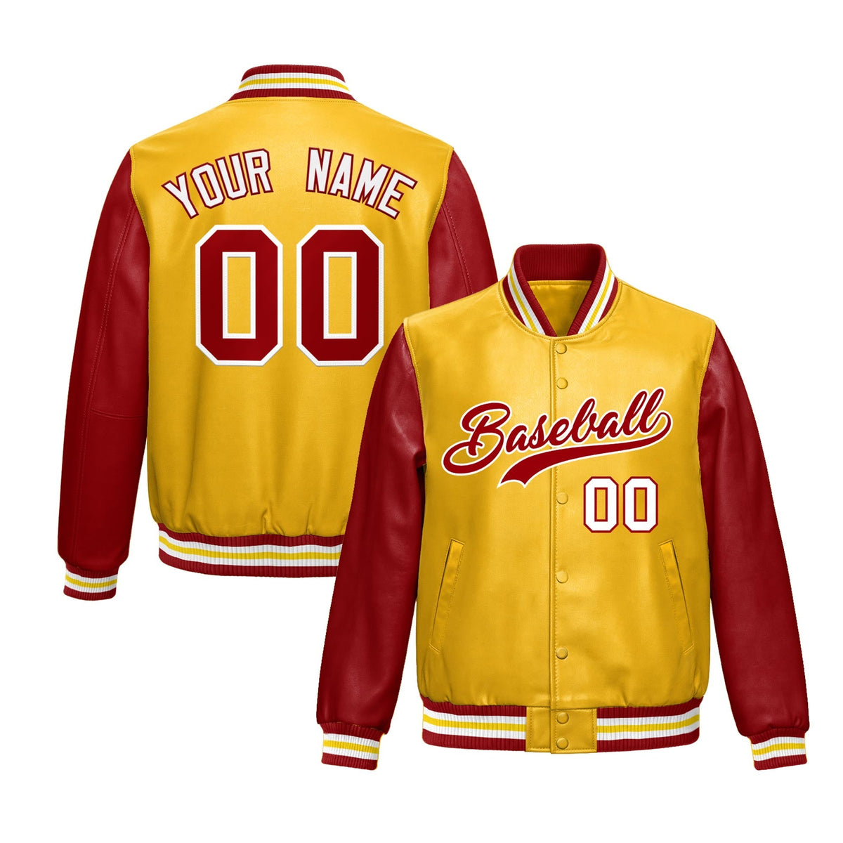 Custom Yellow Red Raglan Sleeves Full-Snap Varsity Faux Leather Letterman Jacket| KXKSHOP