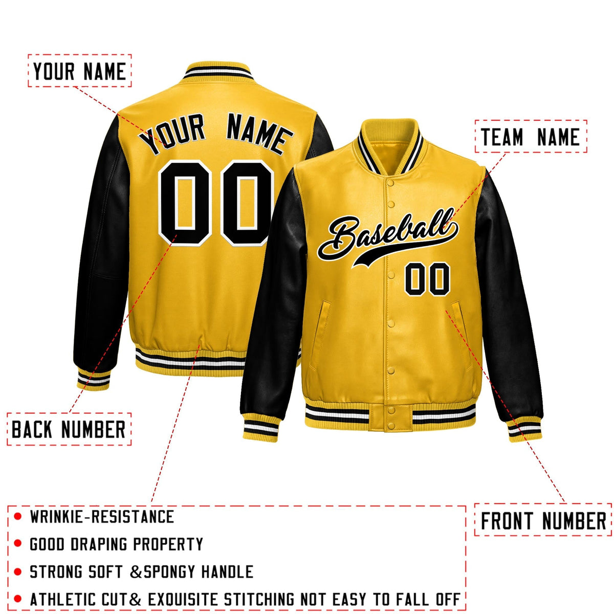 Custom Yellow Black Raglan Sleeves Full-Snap Varsity Faux Leather Letterman Jacket| KXKSHOP