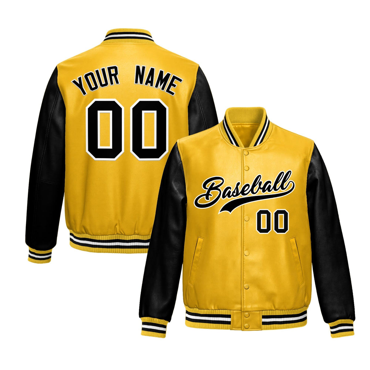 Custom Yellow Black Raglan Sleeves Full-Snap Varsity Faux Leather Letterman Jacket| KXKSHOP