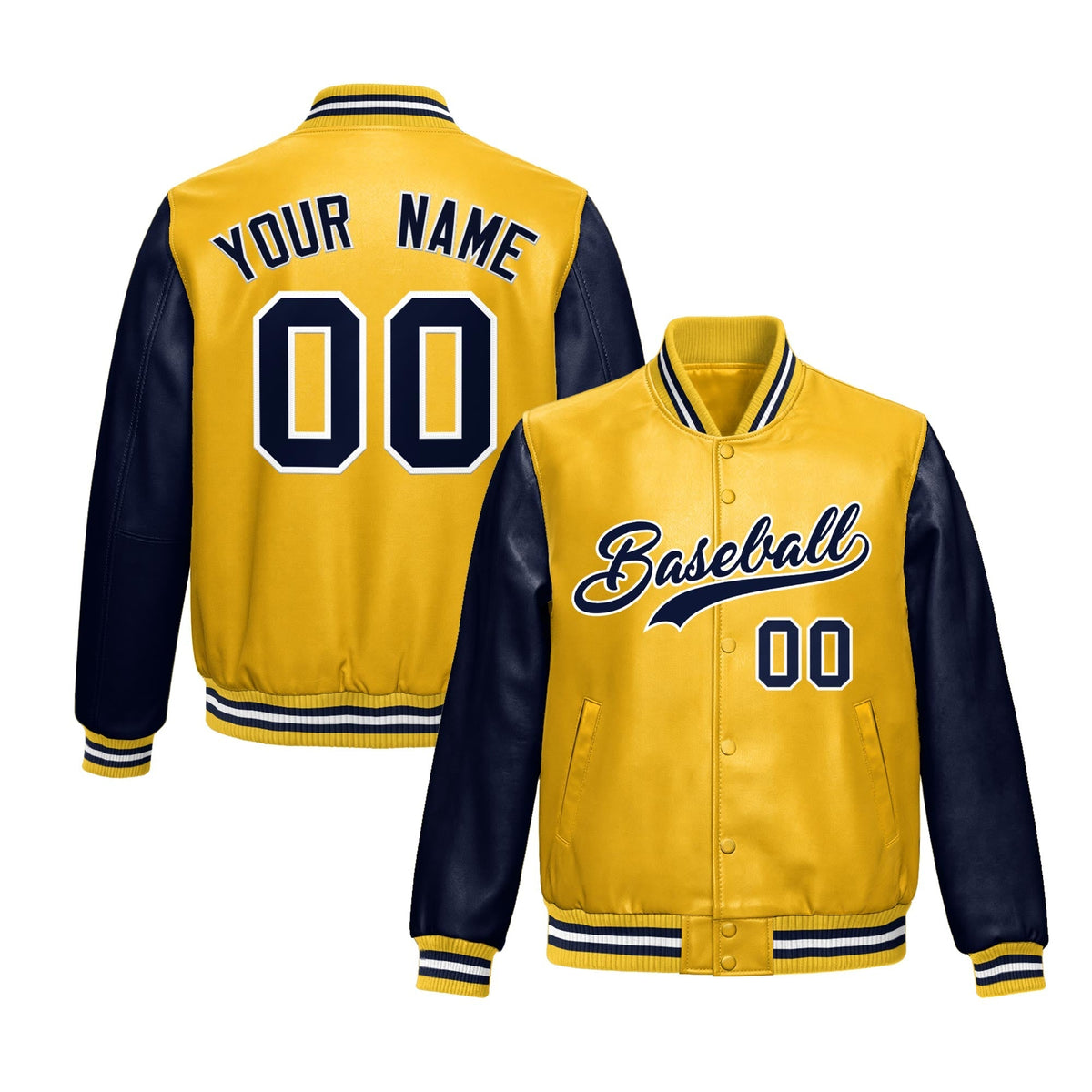 Custom Yellow Navy Raglan Sleeves Full-Snap Varsity Faux Leather Letterman Jacket| KXKSHOP