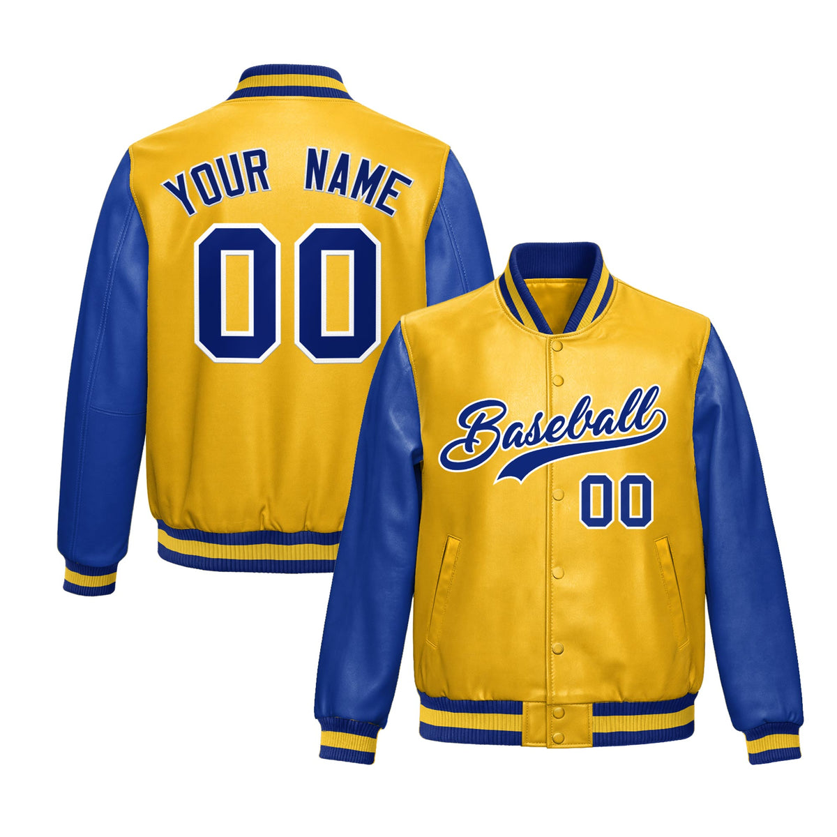Custom Yellow Royal Blue Raglan Sleeves Full-Snap Varsity Faux Leather Letterman Jacket| KXKSHOP
