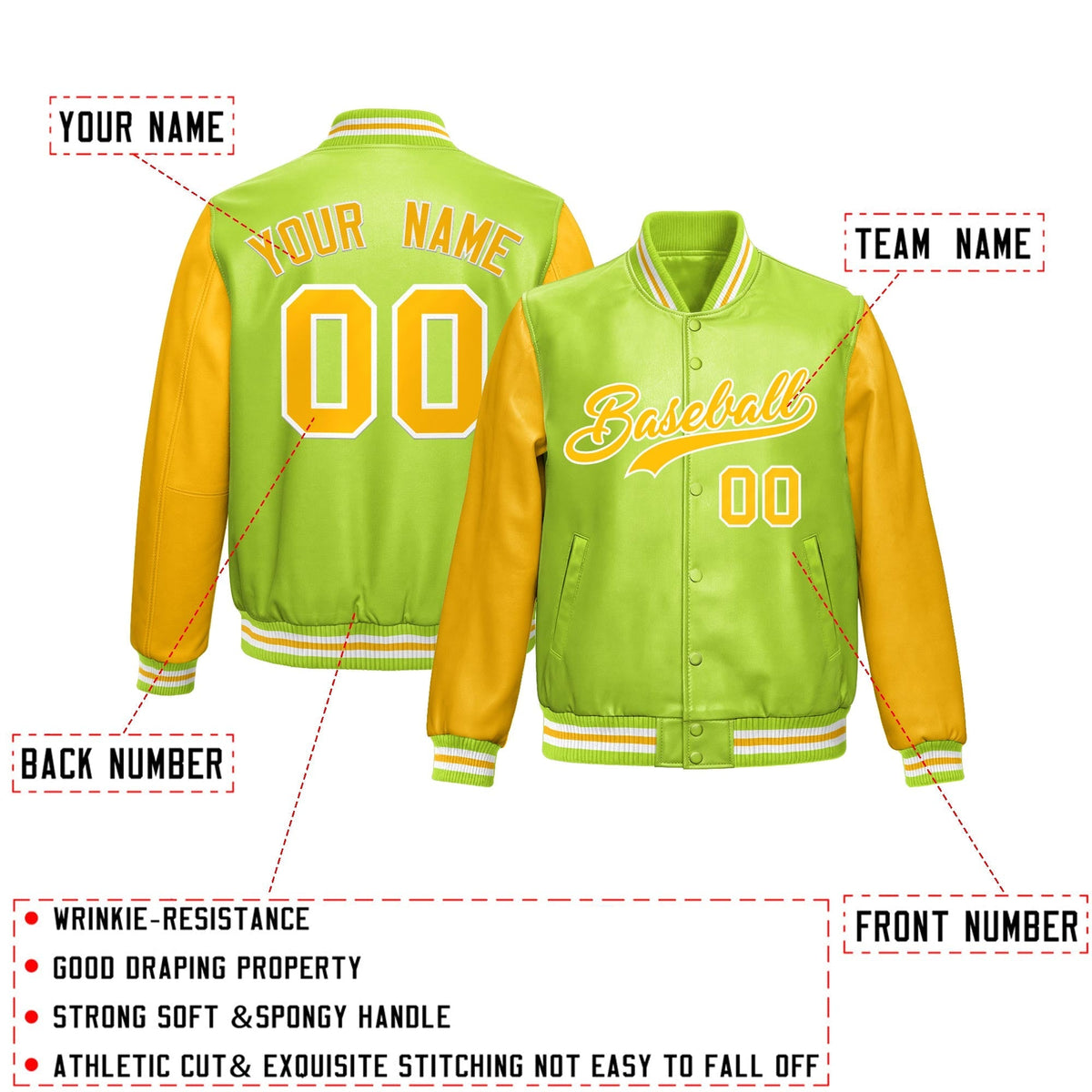 Custom Neon Green Yellow Raglan Sleeves Full-Snap Varsity Faux Leather Letterman Jacket| KXKSHOP