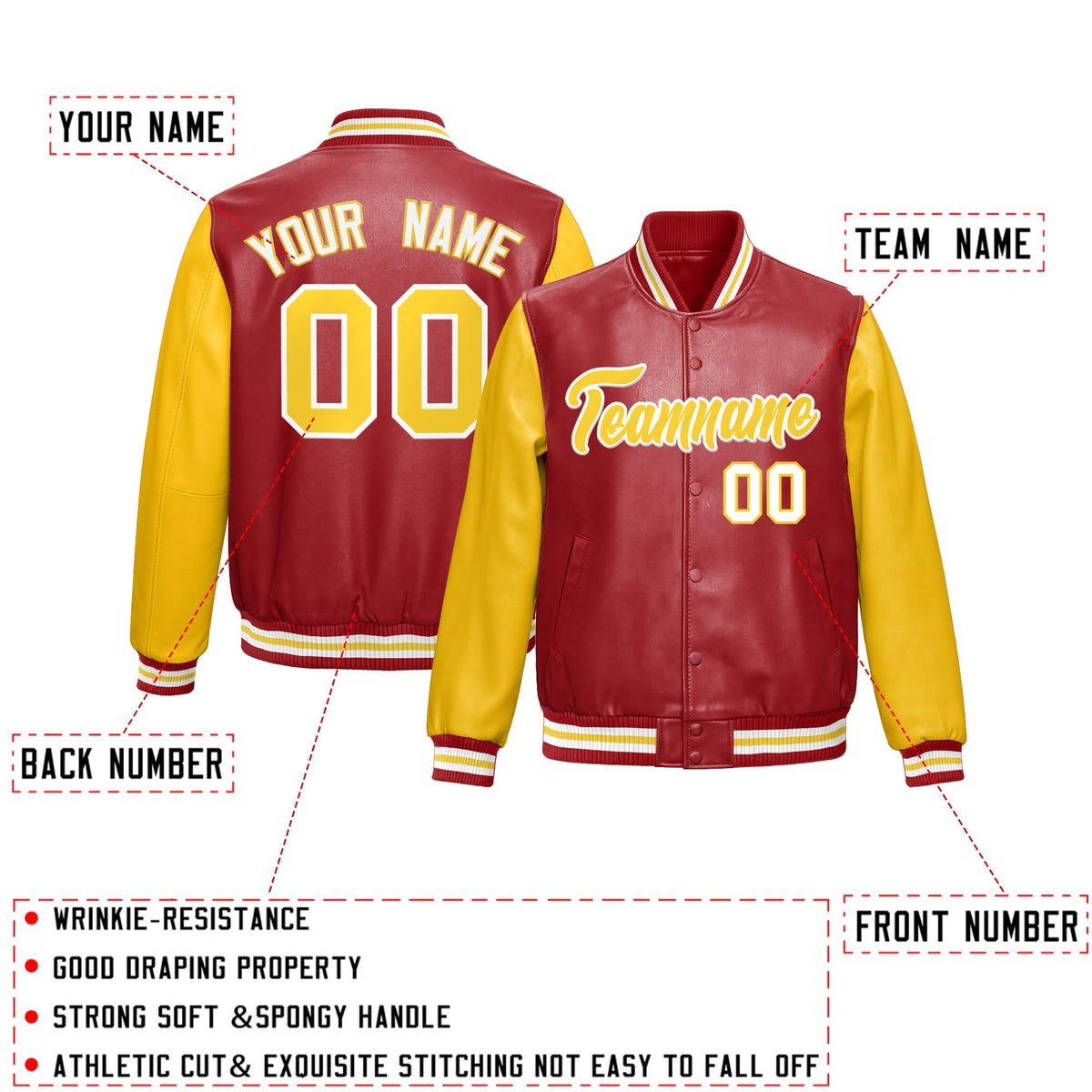 Custom Red Yellow Raglan Sleeves Full-Snap Varsity Faux Leather Letterman Jacket| KXKSHOP