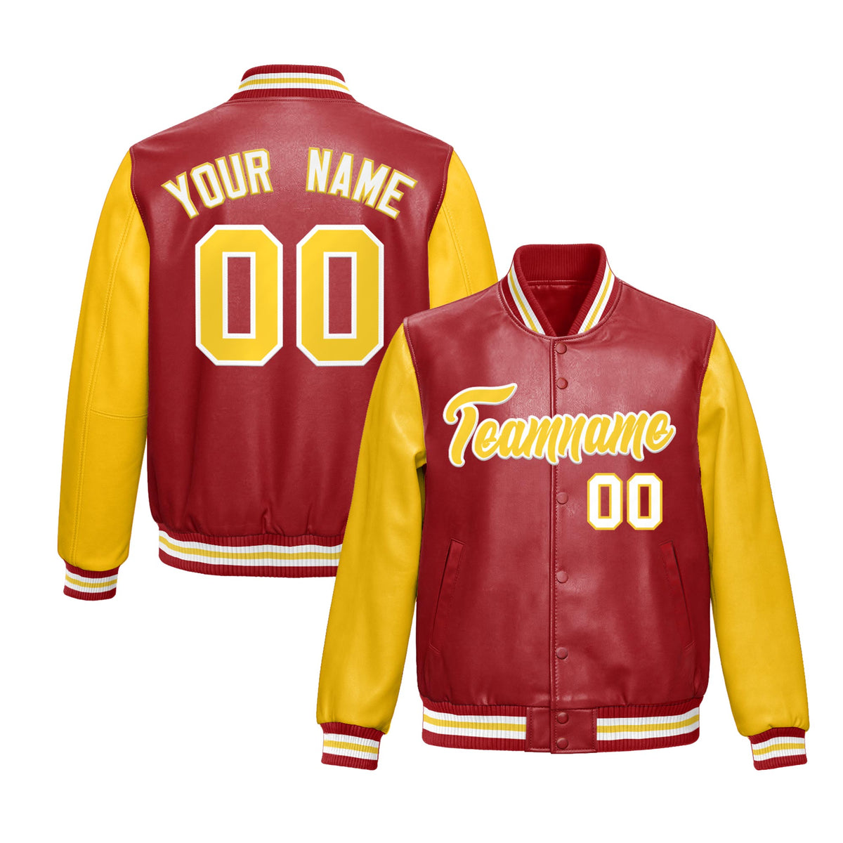 Custom Red Yellow Raglan Sleeves Full-Snap Varsity Faux Leather Letterman Jacket| KXKSHOP