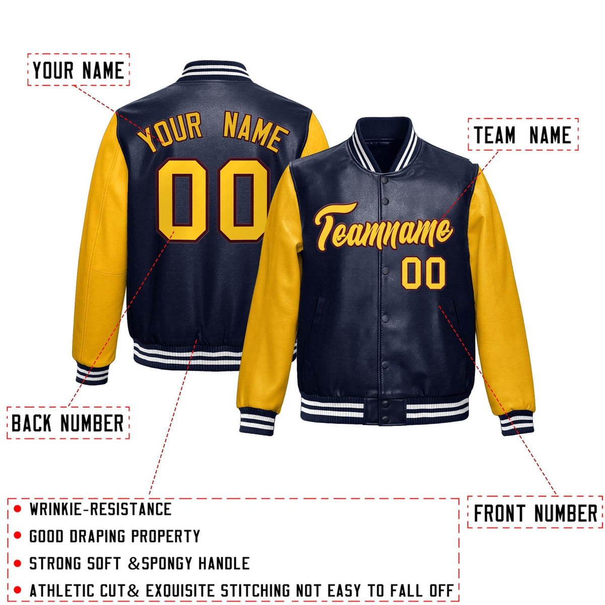 Custom Navy Yellow Raglan Sleeves Full-Snap Varsity Faux Leather Letterman Jacket| KXKSHOP