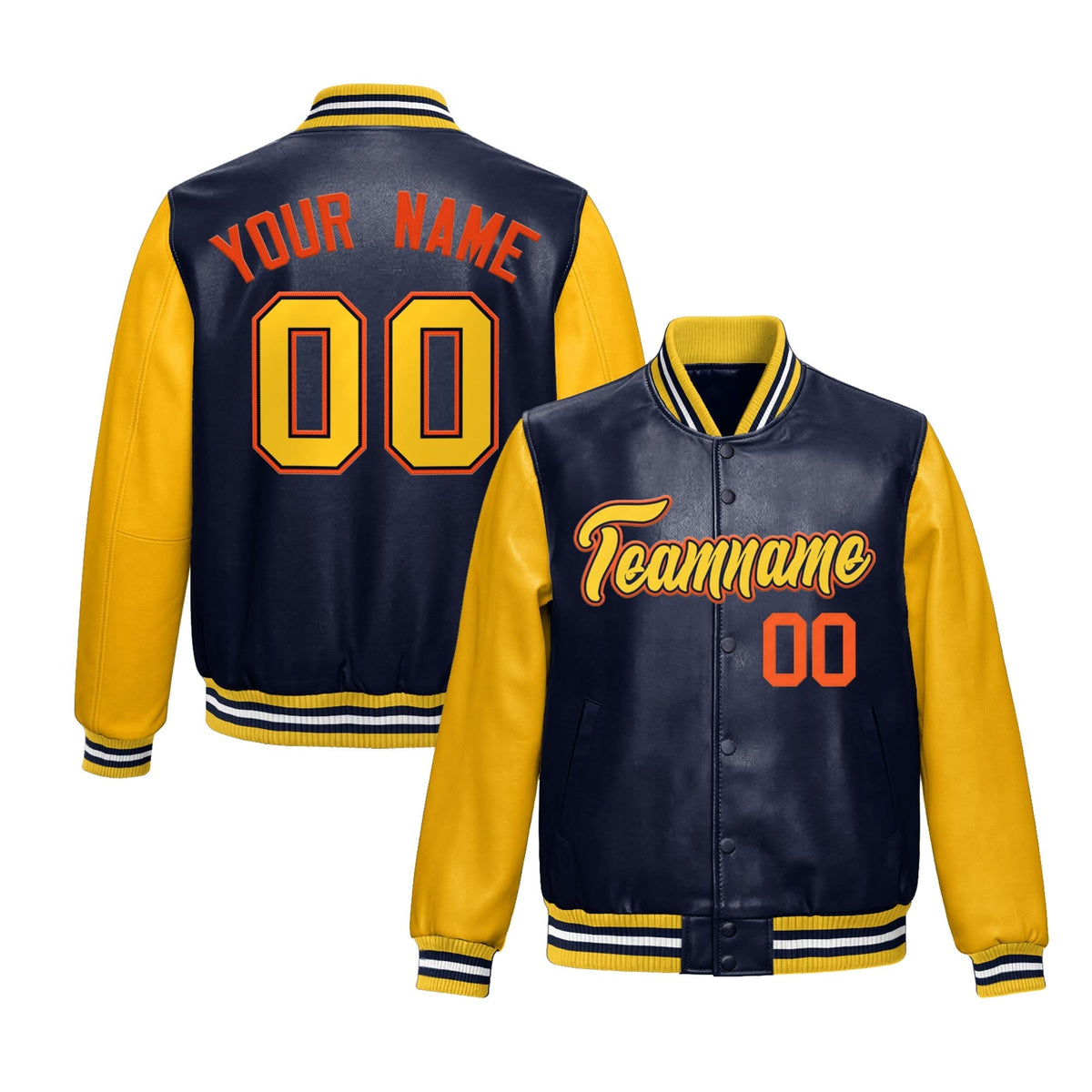 Custom Navy Yellow Orange Raglan Sleeves Full-Snap Varsity Faux Leather Letterman Jacket| KXKSHOP