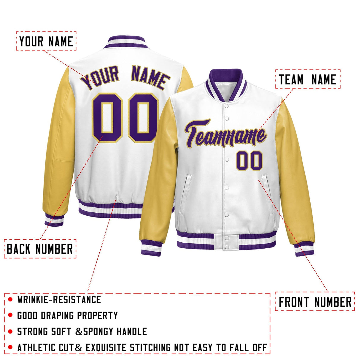 Custom White Khaki Raglan Sleeves Full-Snap Varsity Faux Leather Letterman Jacket| KXKSHOP