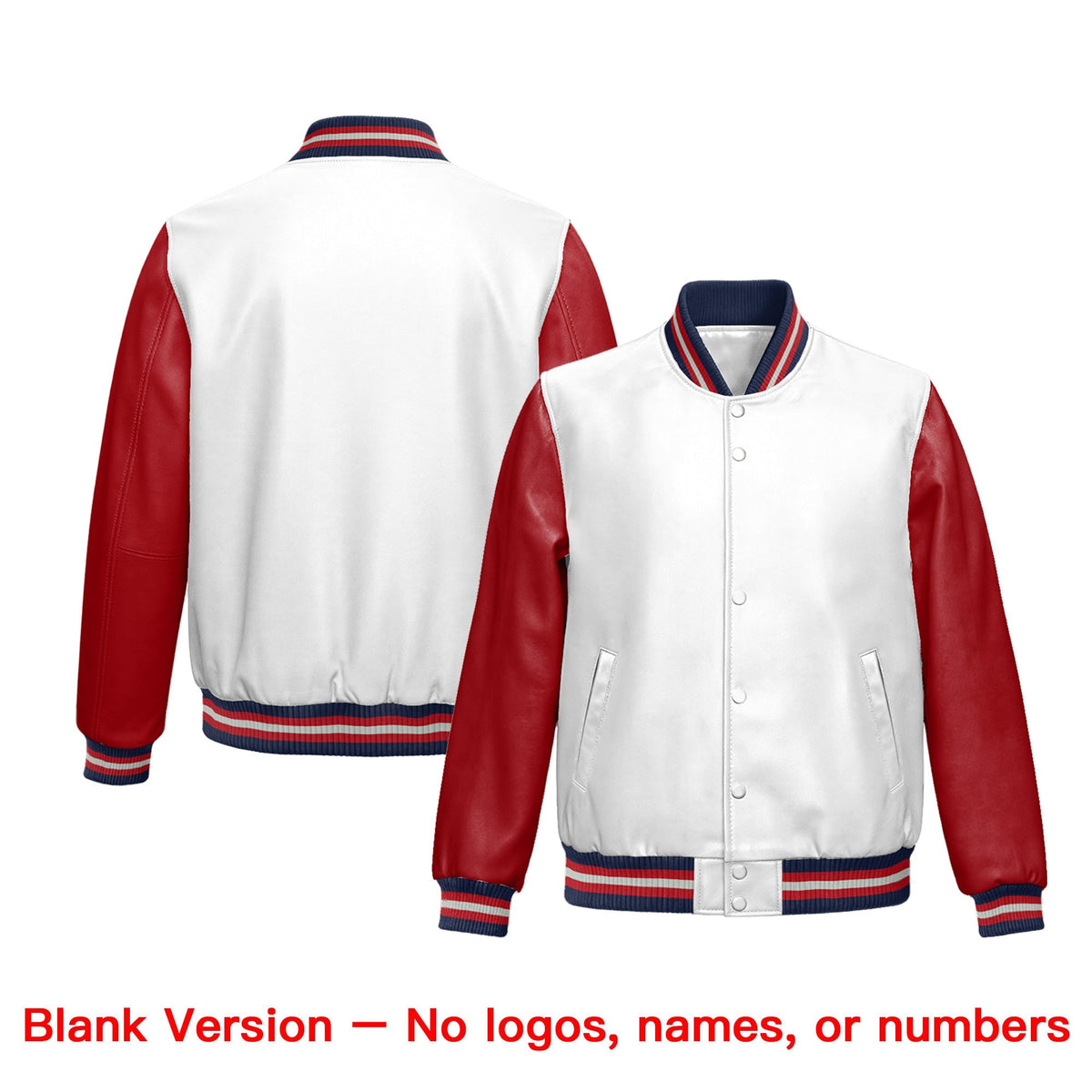 Custom White Red Navy Raglan Sleeves Full-Snap Varsity Faux Leather Letterman Jacket| KXKSHOP