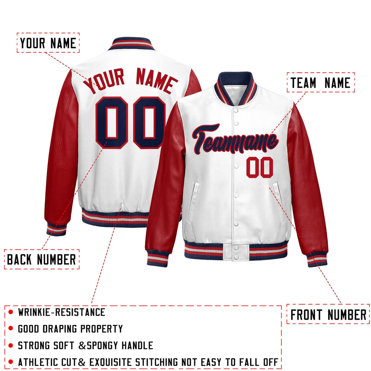 Custom White Red Navy Raglan Sleeves Full-Snap Varsity Faux Leather Letterman Jacket| KXKSHOP