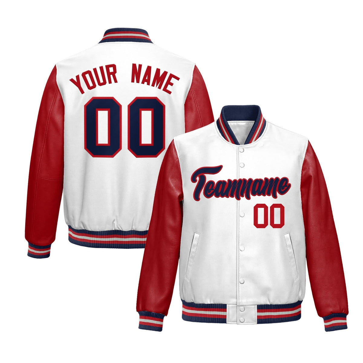 Custom White Red Navy Raglan Sleeves Full-Snap Varsity Faux Leather Letterman Jacket| KXKSHOP