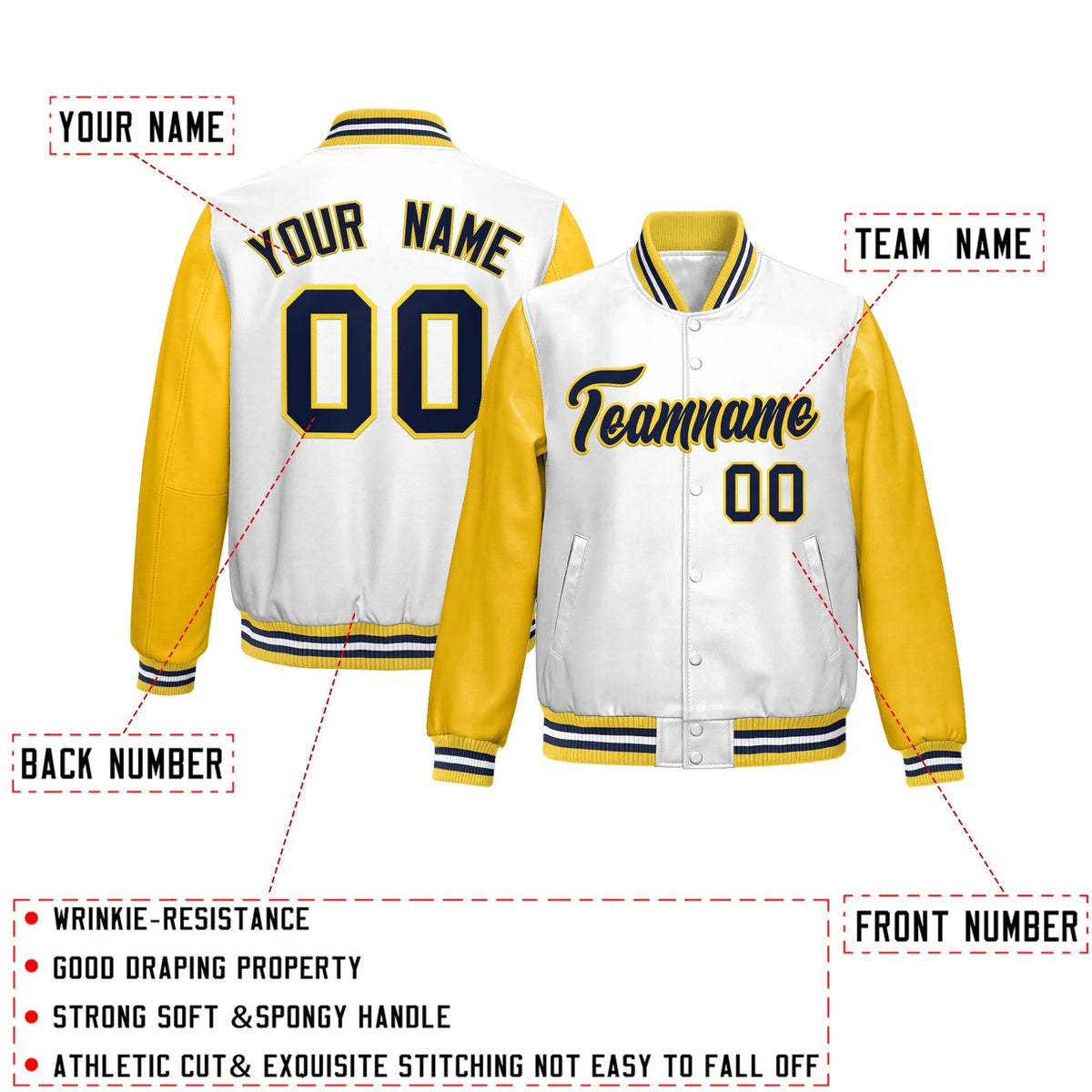 Custom White Yellow Navy Raglan Sleeves Full-Snap Varsity Faux Leather Letterman Jacket| KXKSHOP
