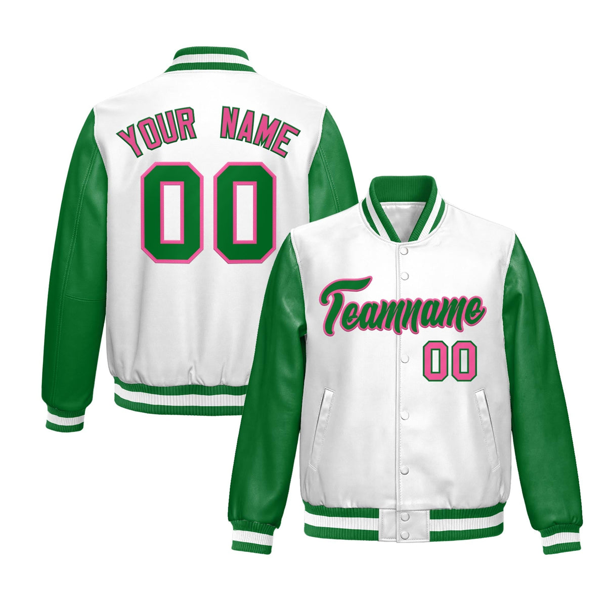 Custom Kelly Green White Raglan Sleeves Full-Snap Varsity Faux Leather Letterman Jacket| KXKSHOP