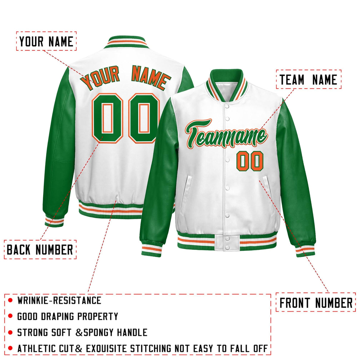 Custom White Kelly Green Raglan Sleeves Full-Snap Varsity Faux Leather Letterman Jacket| KXKSHOP