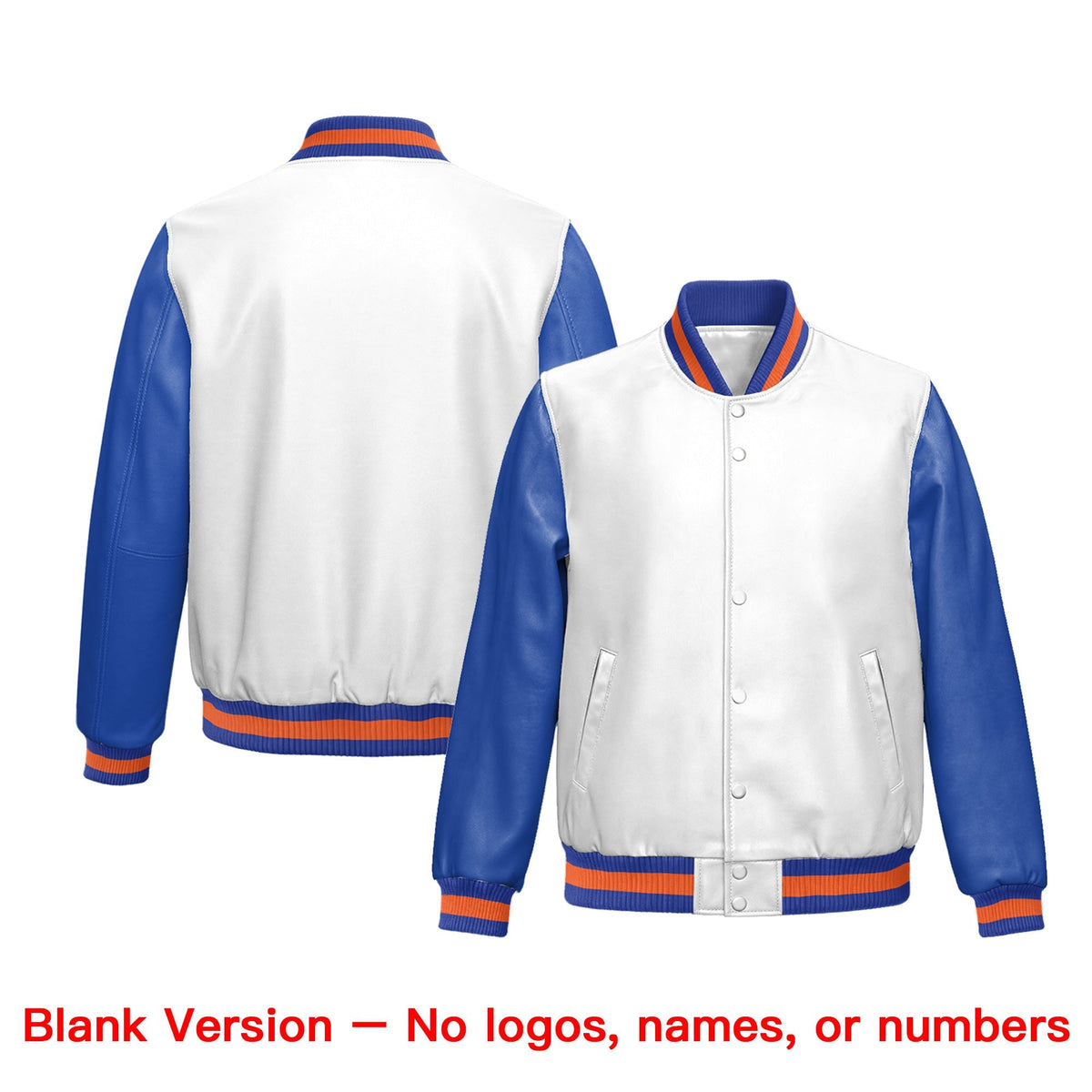 Custom White Royal Blue Raglan Sleeves Full-Snap Varsity Faux Leather Letterman Jacket| KXKSHOP