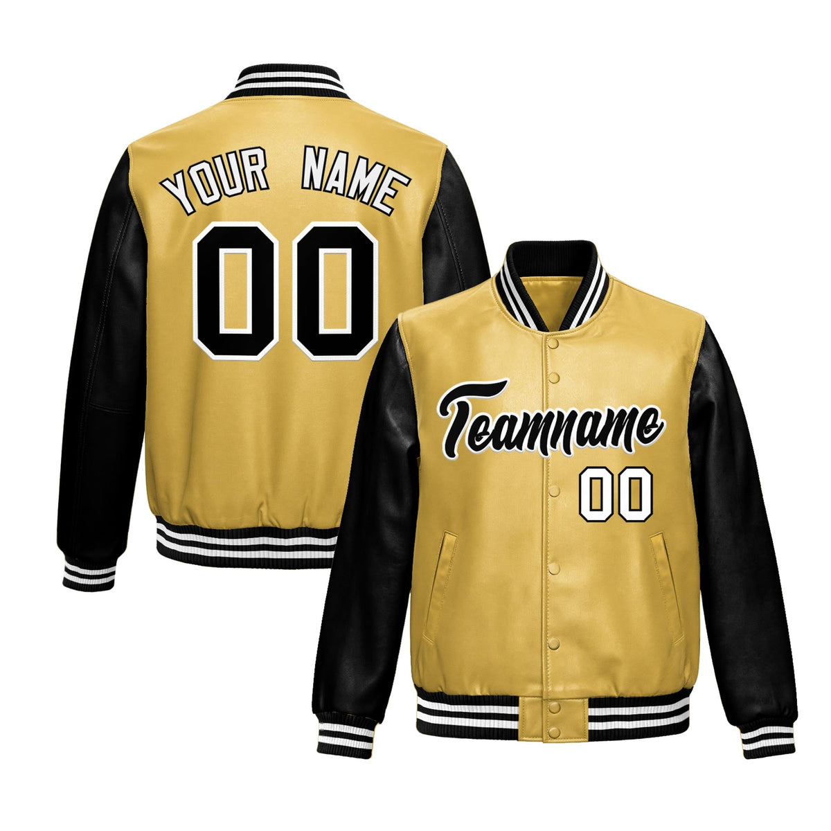 Custom Khaki Black Raglan Sleeves Full-Snap Varsity Faux Leather Letterman Jacket| KXKSHOP