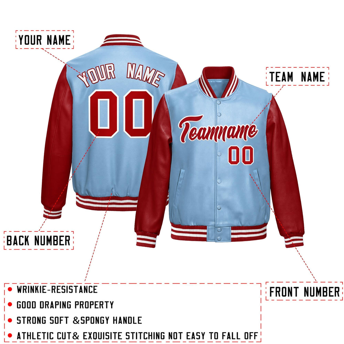 Custom Powder Blue Red Raglan Sleeves Full-Snap Varsity Faux Leather Letterman Jacket| KXKSHOP
