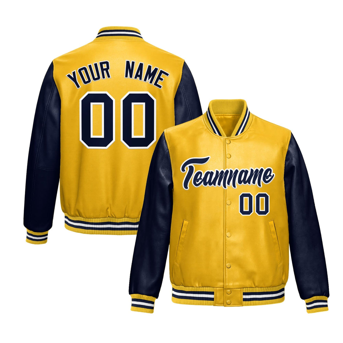 Custom Yellow Navy Raglan Sleeves Full-Snap Varsity Faux Leather Letterman Jacket| KXKSHOP