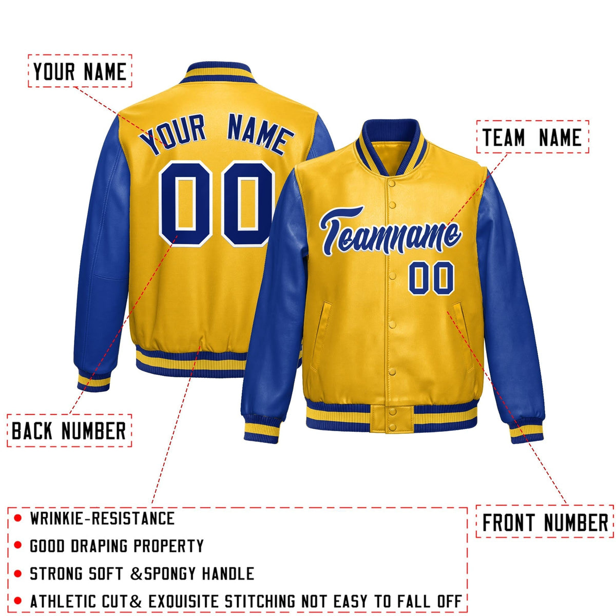 Custom Yellow Royal Blue Raglan Sleeves Full-Snap Varsity Faux Leather Letterman Jacket| KXKSHOP
