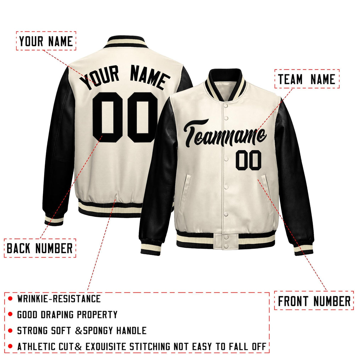 Custom Cream Black Raglan Sleeves Full-Snap Varsity Faux Leather Letterman Jacket| KXKSHOP