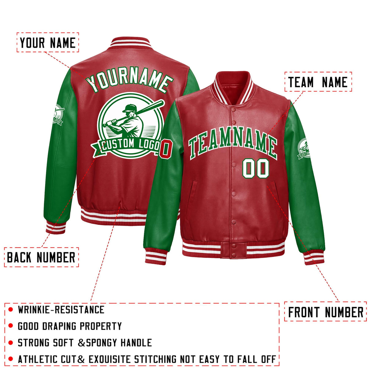 Custom Kelly Green Red Raglan Sleeves Full-Snap Faux Leather Letterman Jacket| KXKSHOP