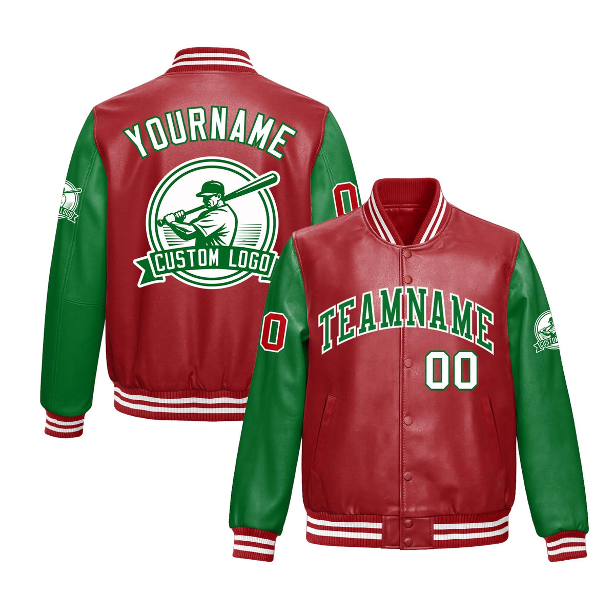 Custom Kelly Green Red Raglan Sleeves Full-Snap Faux Leather Letterman Jacket| KXKSHOP