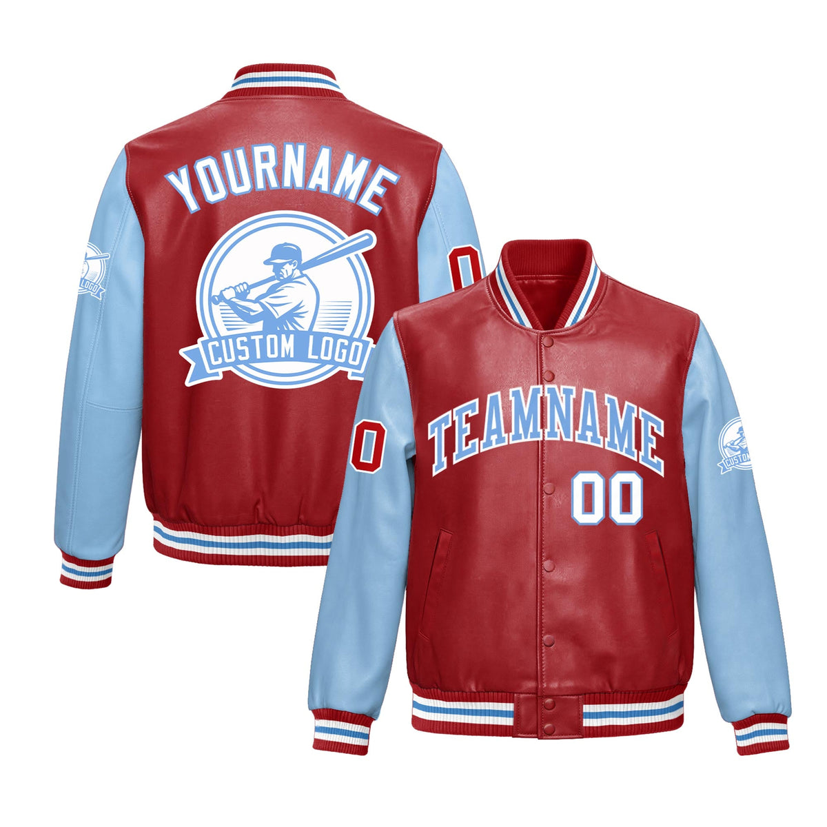 Custom Powder Blue Red Raglan Sleeves Full-Snap Faux Leather Letterman Jacket| KXKSHOP
