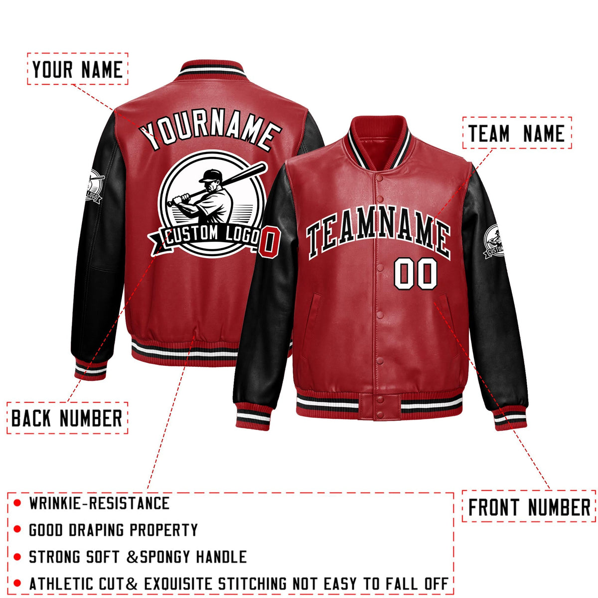 Custom Black Red Raglan Sleeves Full-Snap Faux Leather Letterman Jacket| KXKSHOP