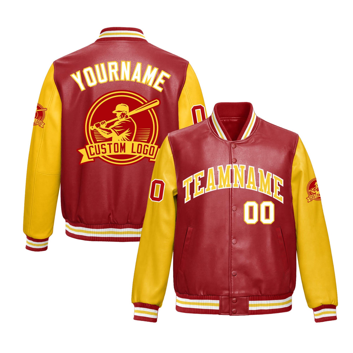 Custom Yellow Red Raglan Sleeves Full-Snap Faux Leather Letterman Jacket| KXKSHOP