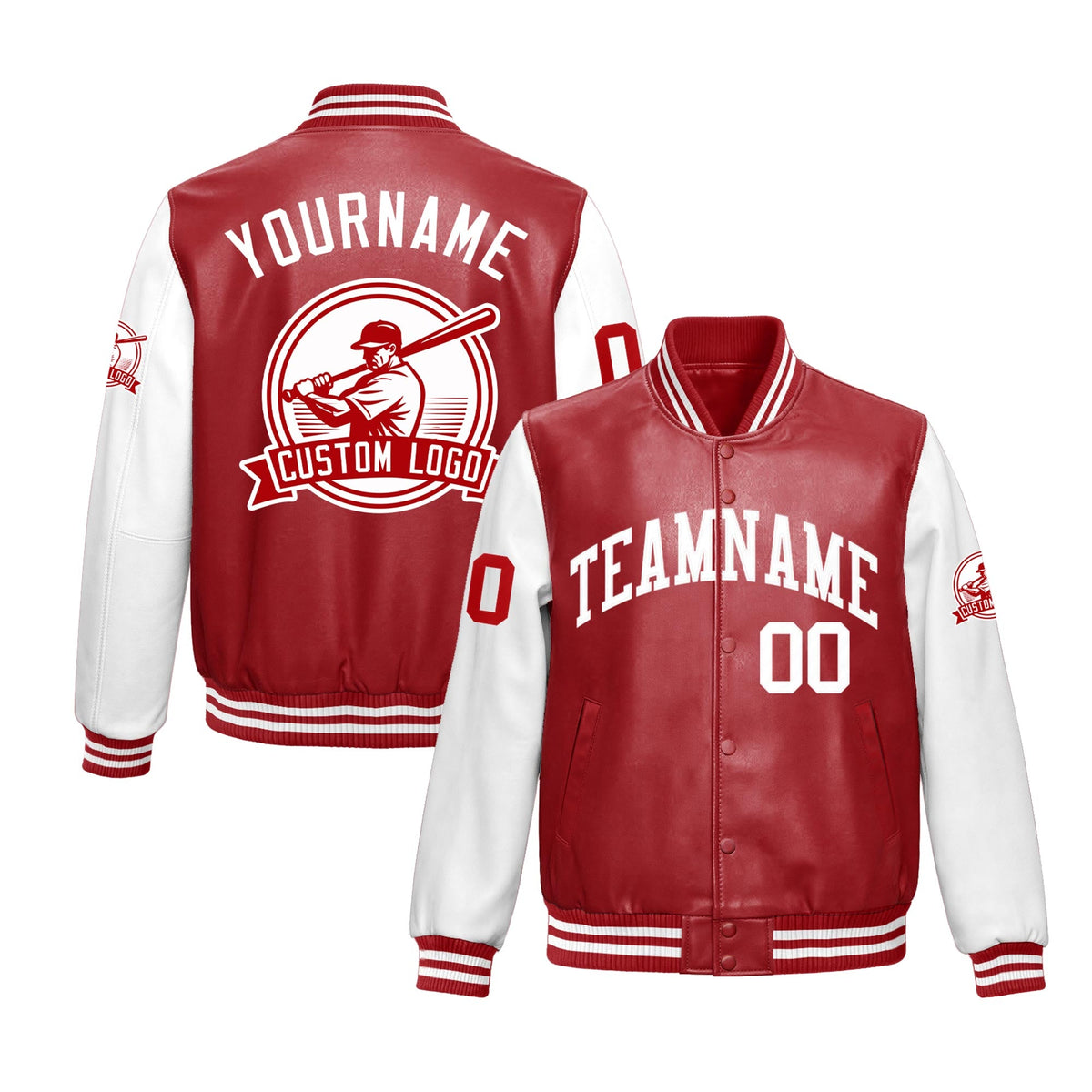 Custom Red White Raglan Sleeves Full-Snap Faux Leather Letterman Jacket| KXKSHOP