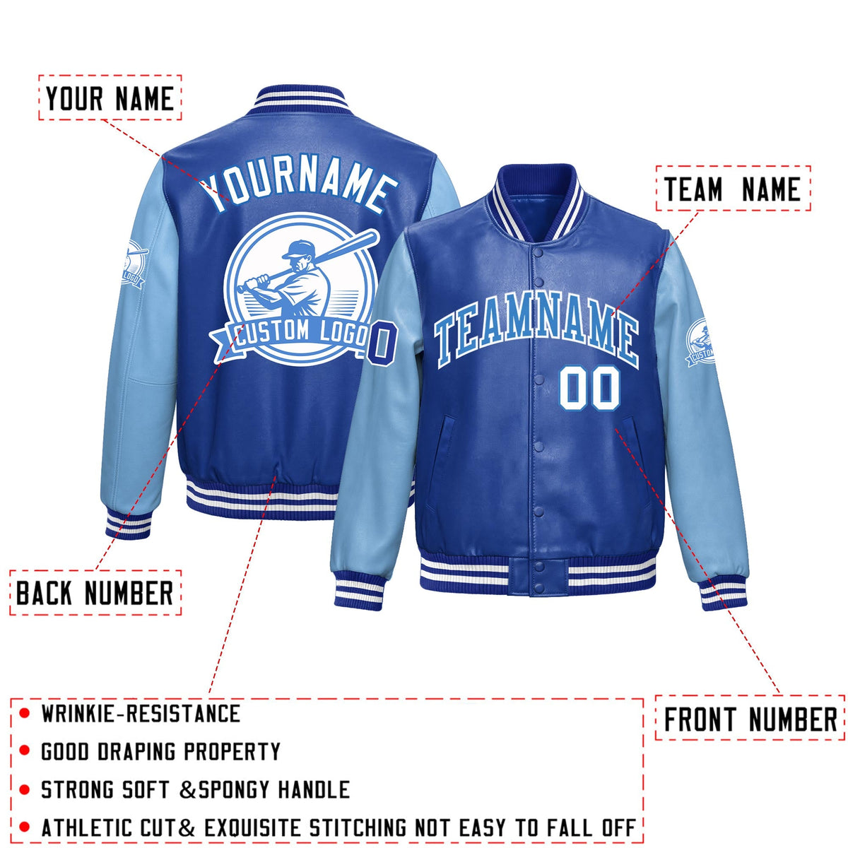 Custom Royal Blue Powder Blue Raglan Sleeves Full-Snap Faux Leather Letterman Jacket| KXKSHOP