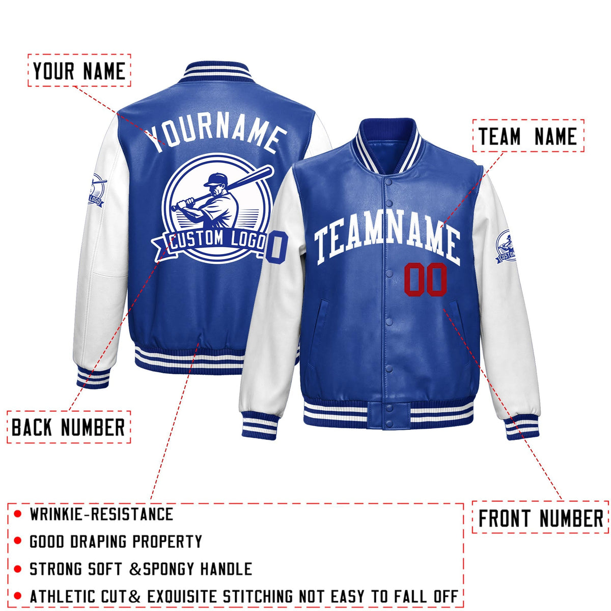 Custom Royal Blue White Raglan Sleeves Full-Snap Faux Leather Letterman Jacket| KXKSHOP
