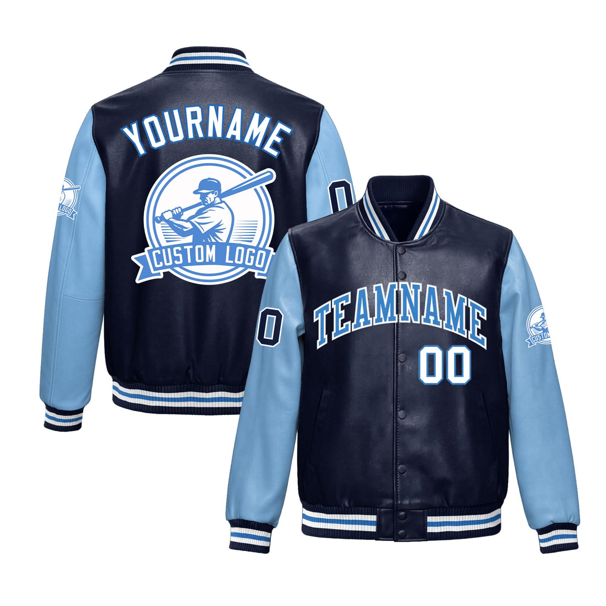 Custom Navy Powder Blue Raglan Sleeves Full-Snap Faux Leather Letterman Jacket| KXKSHOP