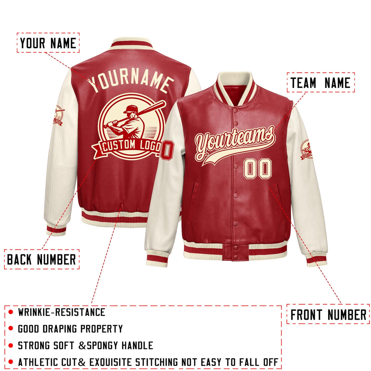 Custom Cream Red Raglan Sleeves Full-Snap Faux Leather Letterman Jacket| KXKSHOP
