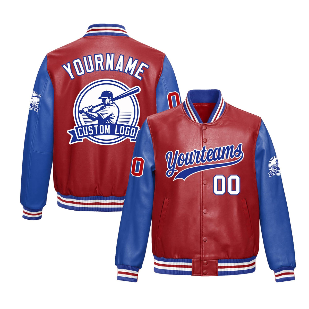 Custom Royal Blue White Raglan Sleeves Full-Snap Faux Leather Letterman Jacket| KXKSHOP