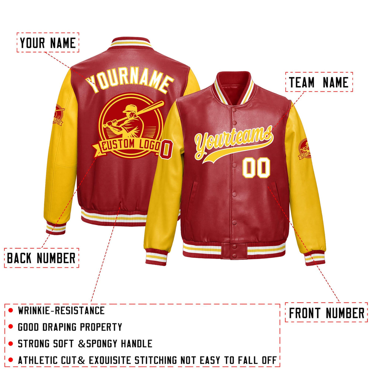 Custom Yellow Red Raglan Sleeves Full-Snap Faux Leather Letterman Jacket| KXKSHOP