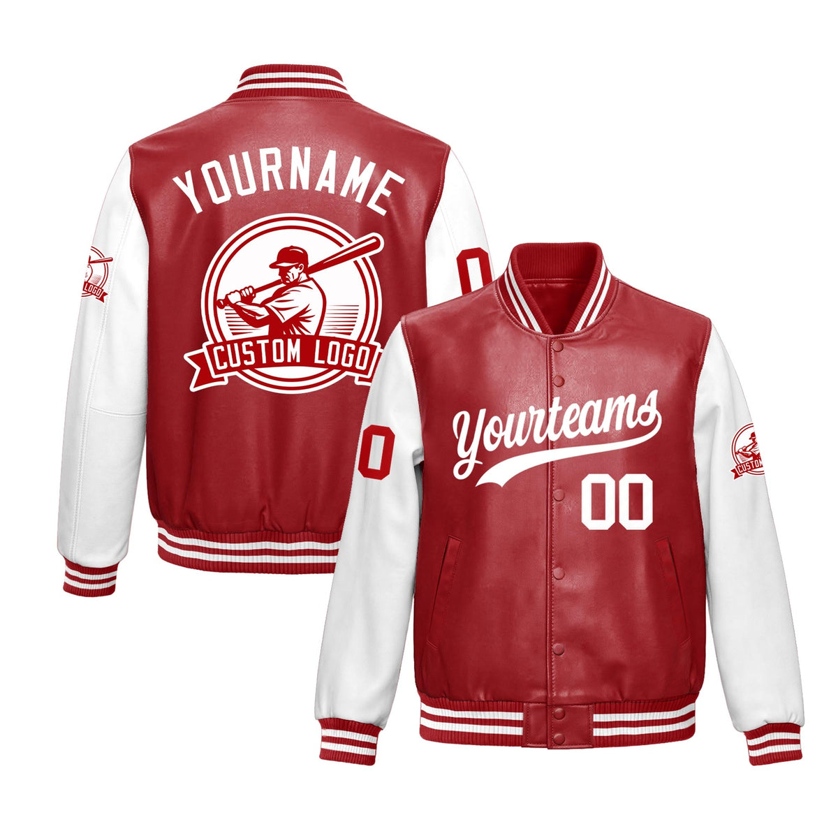Custom Red White Raglan Sleeves Full-Snap Faux Leather Letterman Jacket| KXKSHOP