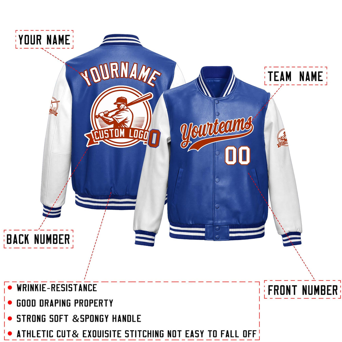 Custom Royal Blue White Raglan Sleeves Full-Snap Faux Leather Letterman Jacket| KXKSHOP