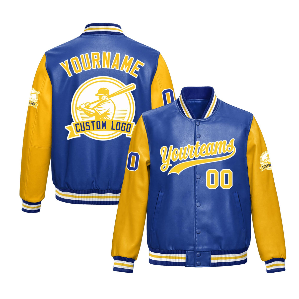 Custom Royal Blue Yellow Raglan Sleeves Full-Snap Faux Leather Letterman Jacket| KXKSHOP